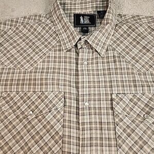 Rock Creek Ranch Western Pearl Snap Shirt Mens 2XL Tan Brown Plaid Short Sleeve